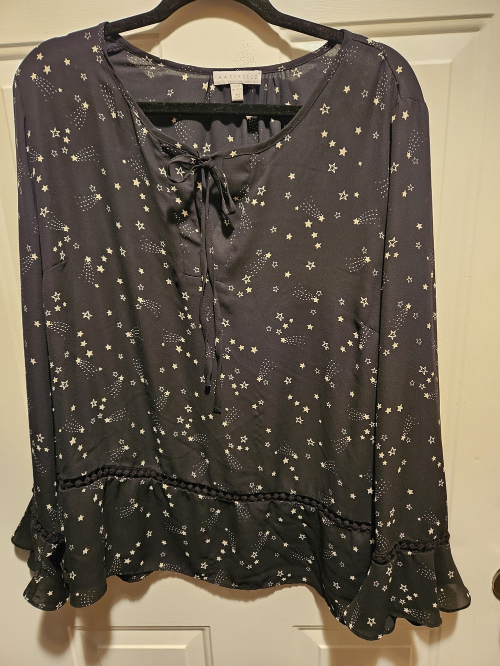 Pleione Black Star-Print Tie-Neck Blouse